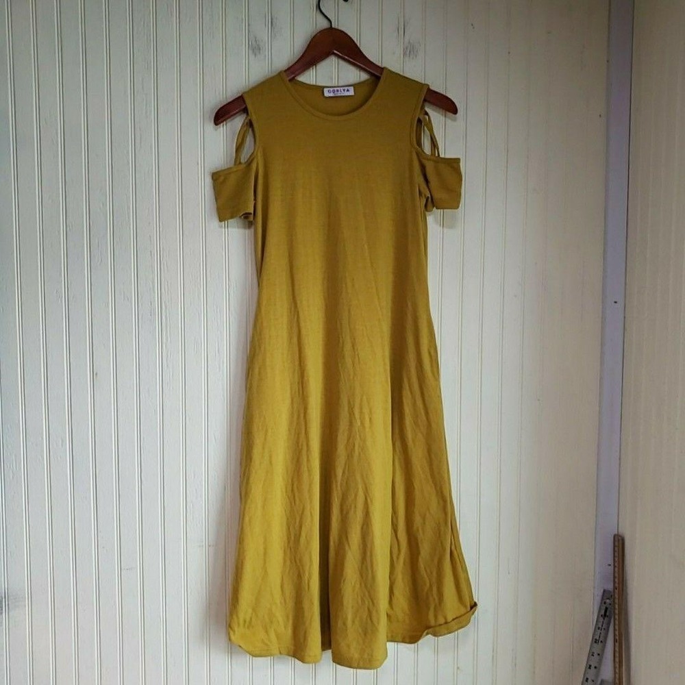 GORLYA Dress Girls 13-14Y Yellow Cold Shoulder Short Sleeve Pockets Knee Length